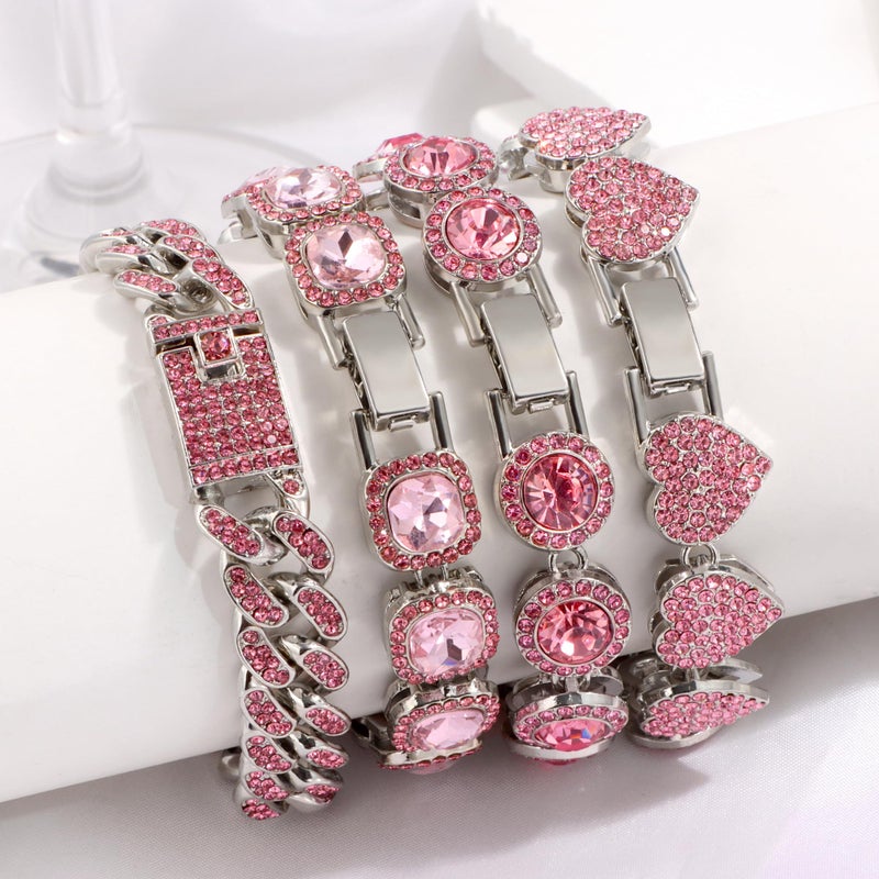 shopbyskyler 4PCS Gold Bracelets for Women Silver Clustered Tennis Bracelet for Women Heart Round Diamond Cuban Bracelet Layered Link Bracelet Set Fashion Jewelry for Women Set (Pink, 8inch) - Image 3