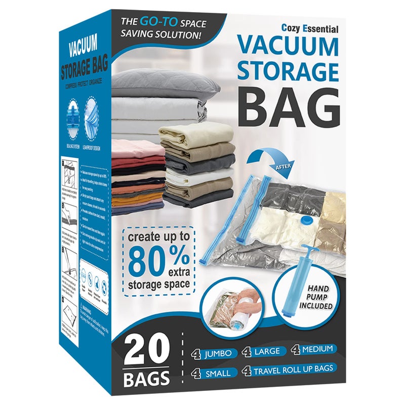 Cozy Essential 20 Pack Vacuum Storage Bags, Space Saver Bags (4 Jumbo/4 Large/4 Medium/4 Small/4 Roll) Compression for Comforters and Blankets, Sealer Clothes Storage, Hand Pump Included - Image 1