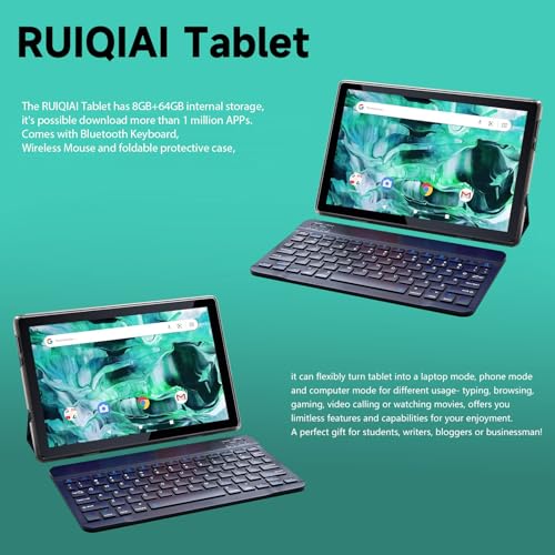 RUIQIAI أجهزة لوحية أندرويد 14 بحجم 10 بوصات، جهاز لوحي 2 في 1 مع غلاف لوحة مفاتيح، 8GB+64GB ROM/1TB، رباعي النواة، شاشة لمس HD، كاميرتان مزدوجتان، ألعاب، واي فاي، بلوتوث، خدمات جوجل GMS باللون الأسود - Image 3