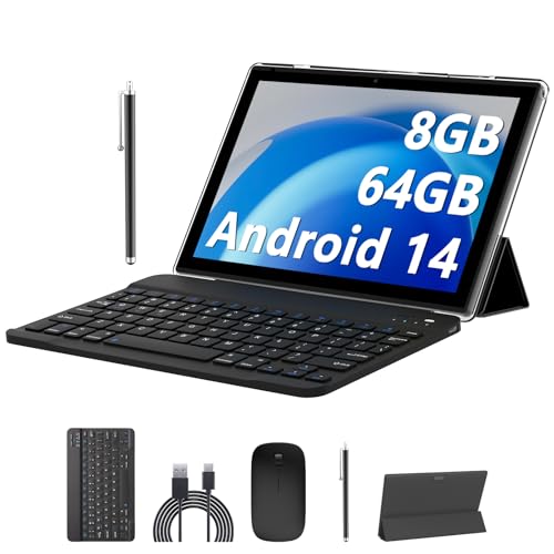 RUIQIAI أجهزة لوحية أندرويد 14 بحجم 10 بوصات، جهاز لوحي 2 في 1 مع غلاف لوحة مفاتيح، 8GB+64GB ROM/1TB، رباعي النواة، شاشة لمس HD، كاميرتان مزدوجتان، ألعاب، واي فاي، بلوتوث، خدمات جوجل GMS باللون الأسود - Image 1