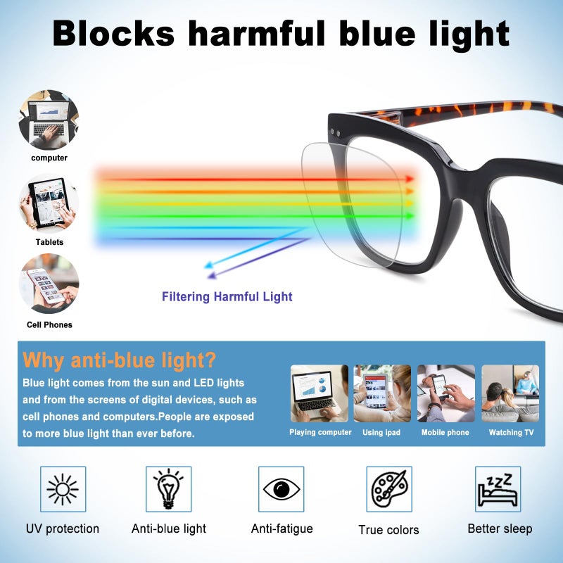 Chofilord 6 Pack Fashion Reading Glasses For Women Men Blue Light Blocking Oversized Square Readers With Spring Hinge (6 Pack Colorful B  1.75) - Image 3