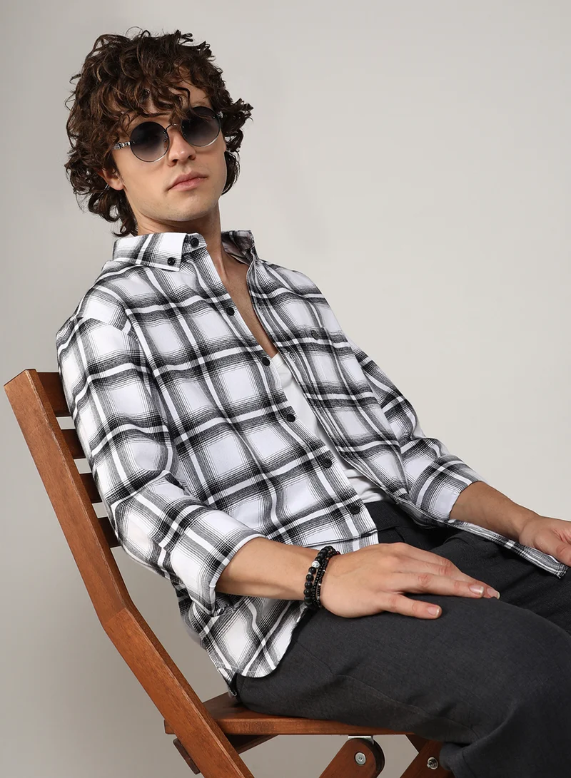 كامبوس سوترا Men's Chalk White & Midnight Black Brushed Buffalo Check ShirtFor Casual Wear | Spread Collar | Long Sleeve | Button Closure | Shirt Crafted With Comfort Fit For Everyday Wear