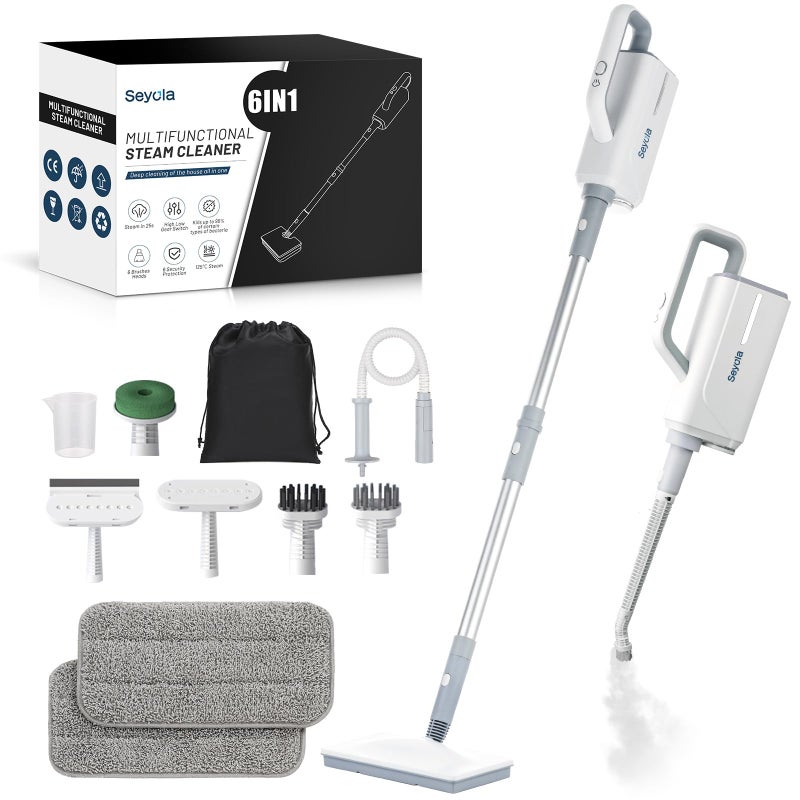 Seyola Steam Mop for Floor Cleaning, Steam Cleaner for Home with Handheld 6-in-1 Multi-function Attachments for Hardwood Floors, Clothes, Windows, Tiles Grout, Furniture Cleaning (off-white) - Image 1