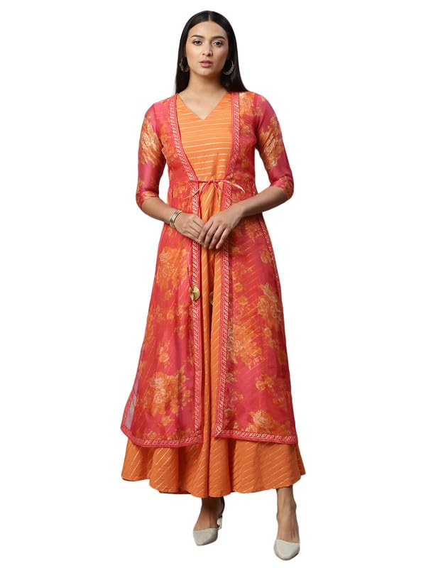 Ahalyaa Orange Striped Ethnic Maxi Dress - Image 1