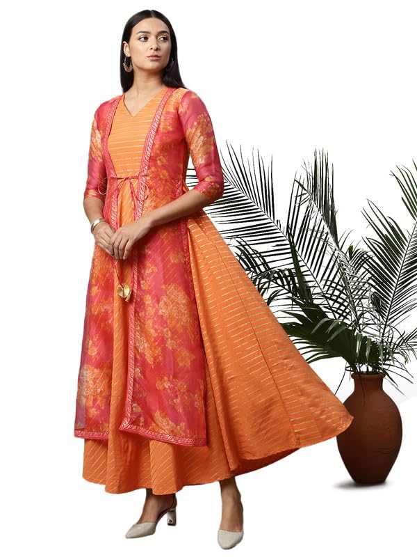 Ahalyaa Orange Striped Ethnic Maxi Dress - Image 5