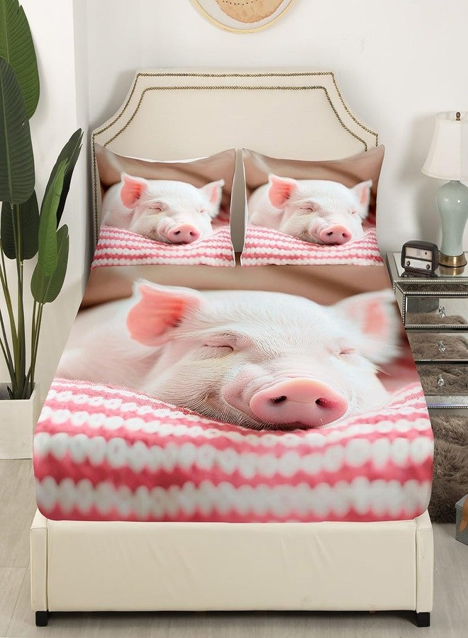 Castle Fairy Pink Pig Bedding Set Twin Size Sleeping Pig Bed Set for Girls Teens Bedroom Decor Kids Red Stripes Fitted Sheet Soft Microfiber Kawaii Animals Bed Cover(1 Fitted Sheet+1 Pillow Case) - Image 1