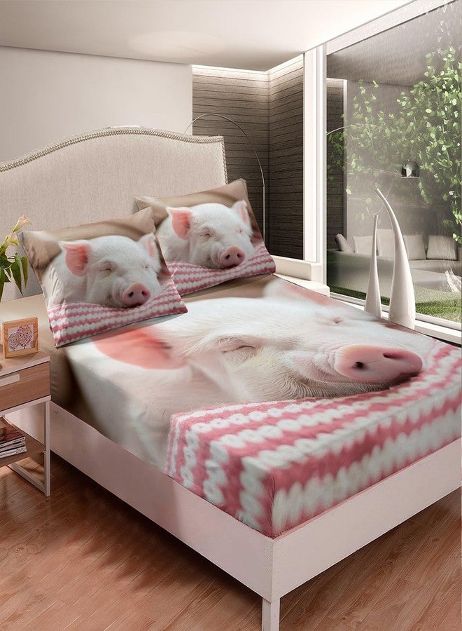 Castle Fairy Pink Pig Bedding Set Twin Size Sleeping Pig Bed Set for Girls Teens Bedroom Decor Kids Red Stripes Fitted Sheet Soft Microfiber Kawaii Animals Bed Cover(1 Fitted Sheet+1 Pillow Case) - Image 2