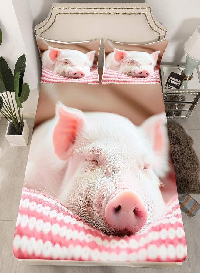 Castle Fairy Pink Pig Bedding Set Twin Size Sleeping Pig Bed Set for Girls Teens Bedroom Decor Kids Red Stripes Fitted Sheet Soft Microfiber Kawaii Animals Bed Cover(1 Fitted Sheet+1 Pillow Case) - Image 3