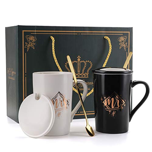Cedilis Mr and Mrs Coffee Mugs His and Her Mug Set Ceramic Coffee Mugs Perfect Wedding or Engagement Gift Exquisite Box Package Black and White 14oz