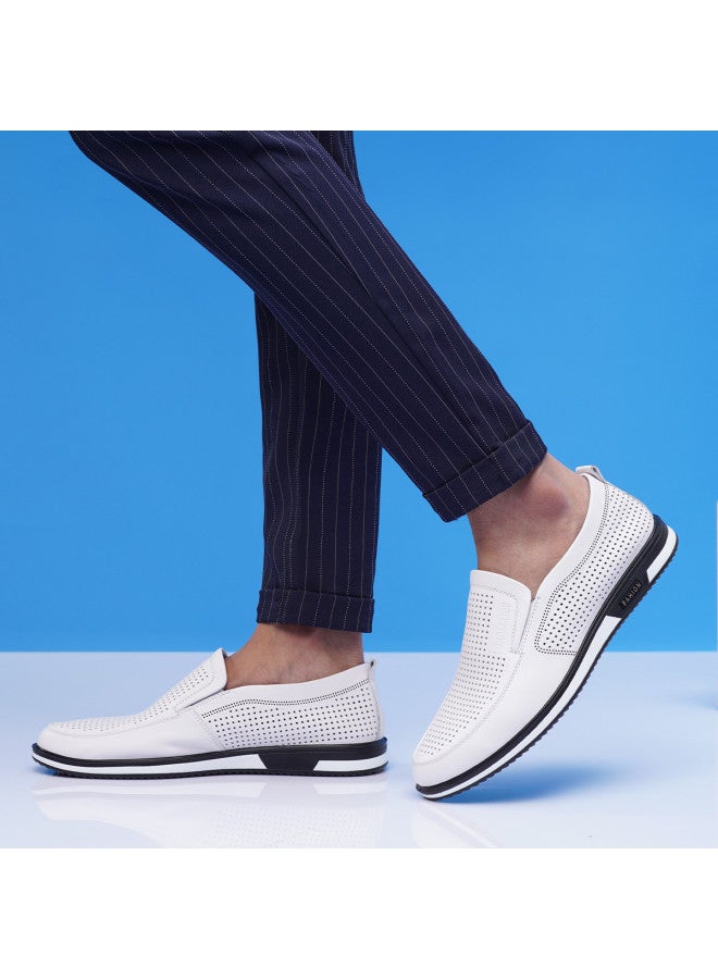 Old Man'S Head Top Grain Leather】men's Genuine Leather Shoes, Summer Breathable Perforated White Casual Loafers With Soft Sole, Slip-on Design - Image 4
