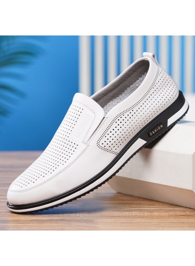 Old Man'S Head Top Grain Leather】men's Genuine Leather Shoes, Summer Breathable Perforated White Casual Loafers With Soft Sole, Slip-on Design - Image 2