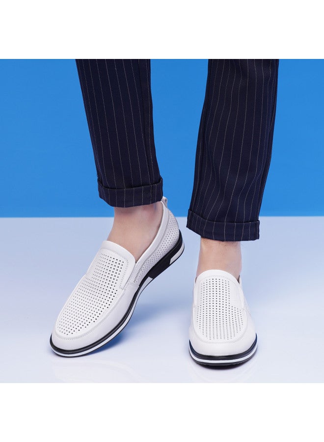 Old Man'S Head Top Grain Leather】men's Genuine Leather Shoes, Summer Breathable Perforated White Casual Loafers With Soft Sole, Slip-on Design - Image 3