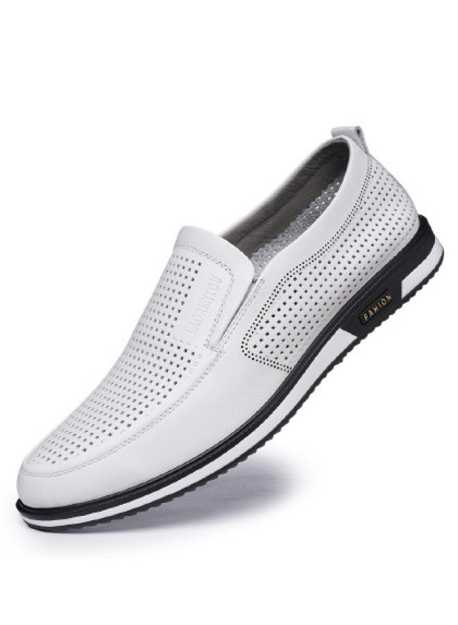 Old Man'S Head Top Grain Leather】men's Genuine Leather Shoes, Summer Breathable Perforated White Casual Loafers With Soft Sole, Slip-on Design - Image 1