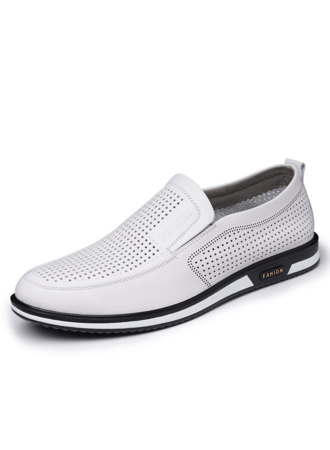 Old Man'S Head Top Grain Leather】men's Genuine Leather Shoes, Summer Breathable Perforated White Casual Loafers With Soft Sole, Slip-on Design - Image 5