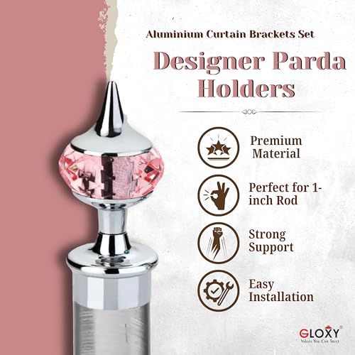GLOXY Single Diamond Aluminum Curtain Brackets Parda Holders with Support Fittings Designer 1 Inch Rod Pocket Finials for Door & Window(Silver Mix Pink,Pair of 2) - Image 2