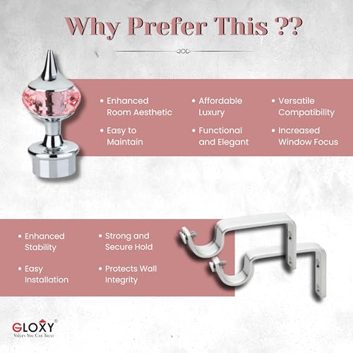 GLOXY Single Diamond Aluminum Curtain Brackets Parda Holders with Support Fittings Designer 1 Inch Rod Pocket Finials for Door & Window(Silver Mix Pink,Pair of 2) - Image 4