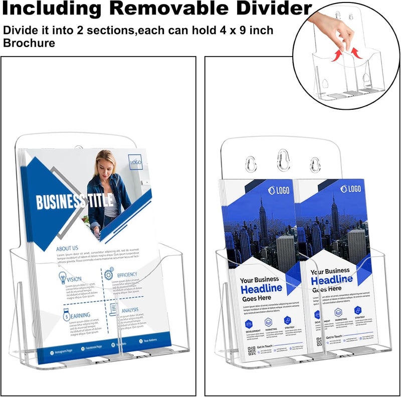 Daofary Clear Flyer Holder，2 Pack Acrylic Brochure Holder 8.5 x 11 in with Business Card Holder, 1-Tier Brochure Display Stand with Removable Divider for 4 x 9 Inches Trifold Pamphlets - Image 3