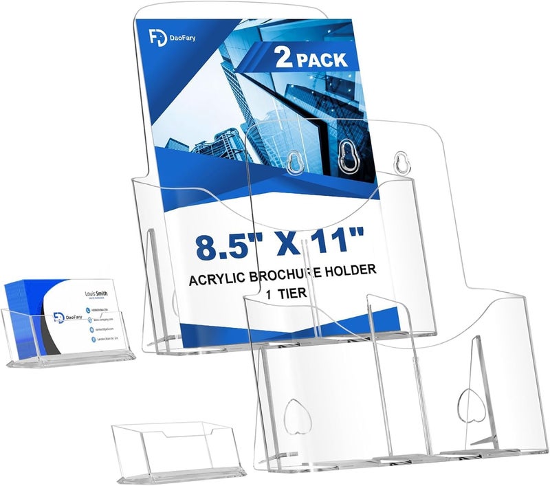 Daofary Clear Flyer Holder，2 Pack Acrylic Brochure Holder 8.5 x 11 in with Business Card Holder, 1-Tier Brochure Display Stand with Removable Divider for 4 x 9 Inches Trifold Pamphlets - Image 1