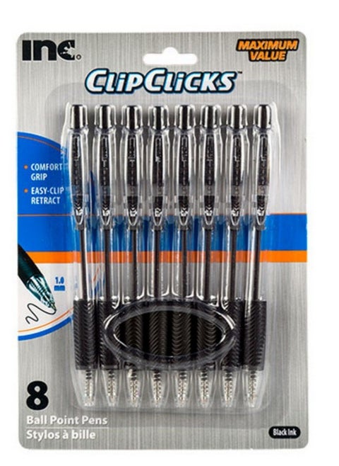 Clip Click Retractable Ball Point Pens 1.0 Mm Black Ink Set Of 8