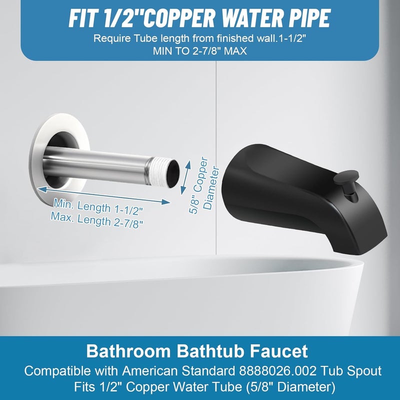 Coolfell Slip On Tub Spout with Diverter, for 1/2" Copper Pipe, Compatible with Kohler GP85556 Bath Tub Spout, Bathroom Bathtub Tub Faucet Replacement, with 5/32" Hex Wrench (Matte Black) - Image 3