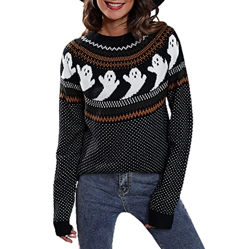 JUNBOON Women Vintage Polka Dot Halloween Knitted Sweater Long Sleeve Crewneck Cute Ghost Pattern Streetwear Jumper - Image 1