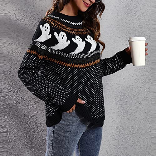 JUNBOON Women Vintage Polka Dot Halloween Knitted Sweater Long Sleeve Crewneck Cute Ghost Pattern Streetwear Jumper - Image 4