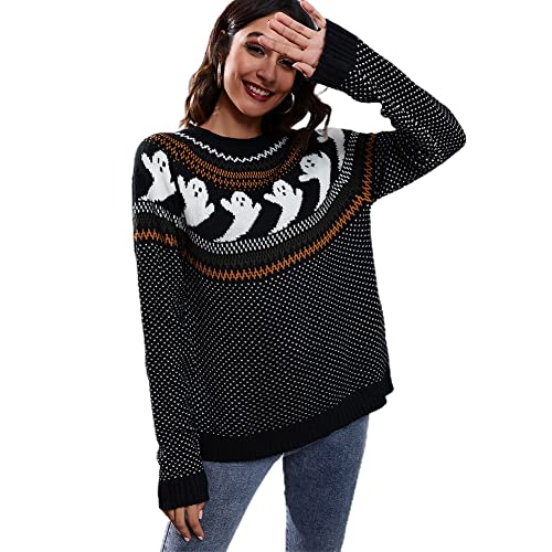 JUNBOON Women Vintage Polka Dot Halloween Knitted Sweater Long Sleeve Crewneck Cute Ghost Pattern Streetwear Jumper - Image 2