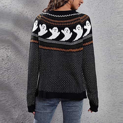 JUNBOON Women Vintage Polka Dot Halloween Knitted Sweater Long Sleeve Crewneck Cute Ghost Pattern Streetwear Jumper - Image 5