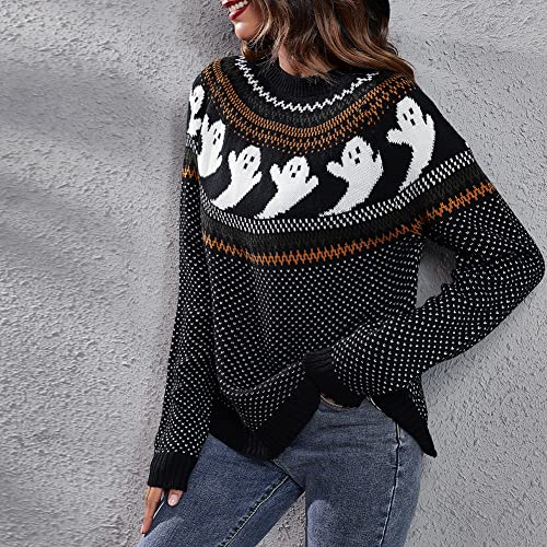 JUNBOON Women Vintage Polka Dot Halloween Knitted Sweater Long Sleeve Crewneck Cute Ghost Pattern Streetwear Jumper - Image 3