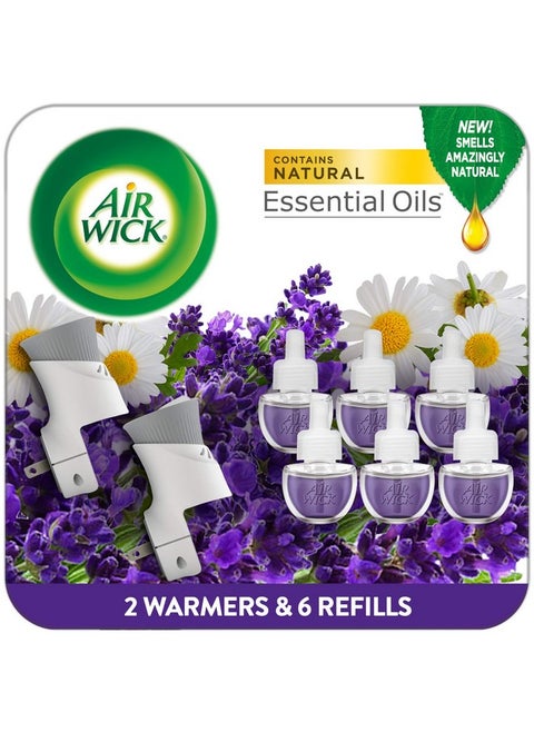 Air Wick Plug in Scented Oil Starter Kit, 2 Warmers + 6 Refills, Lavender & Chamomile, Eco Friendly, Essential Oils, Air Freshener