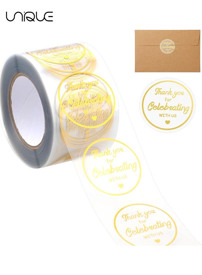Unique 500Pcs Thank You Stickers, 1.5 inch Gold Foil Round Clear Stickers, Thank You for Celebrating with Us Stickers, Personalized Gift Stickers for Envelope Seals, Gift Wrapping, Gift Bags - Image 1