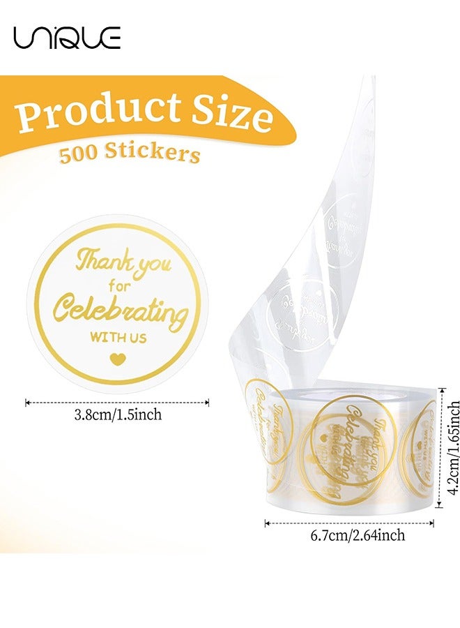 Unique 500Pcs Thank You Stickers, 1.5 inch Gold Foil Round Clear Stickers, Thank You for Celebrating with Us Stickers, Personalized Gift Stickers for Envelope Seals, Gift Wrapping, Gift Bags - Image 2