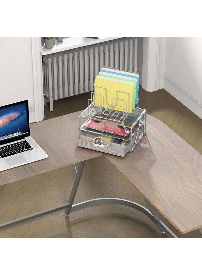 Deco Brothers DecoBros Mesh Desk Organizer with Double Tray, 5 Stacking Sorter Sections and Sliding Drawer, Sliver - Image 3