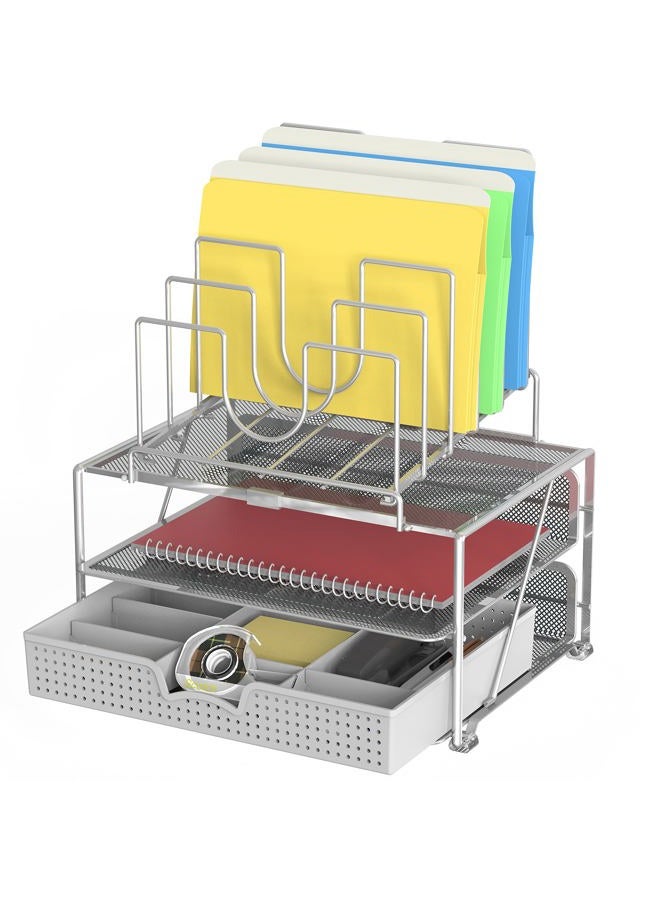 Deco Brothers DecoBros Mesh Desk Organizer with Double Tray, 5 Stacking Sorter Sections and Sliding Drawer, Sliver - Image 1
