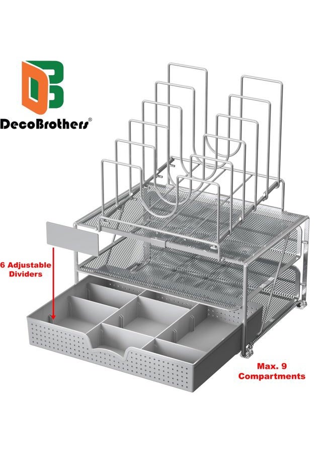 Deco Brothers DecoBros Mesh Desk Organizer with Double Tray, 5 Stacking Sorter Sections and Sliding Drawer, Sliver - Image 2