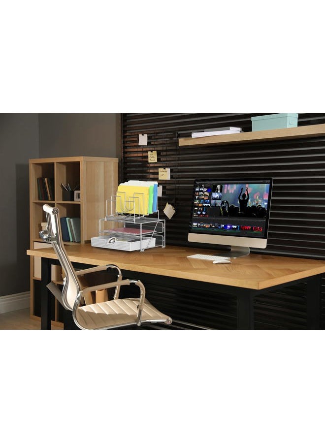 Deco Brothers DecoBros Mesh Desk Organizer with Double Tray, 5 Stacking Sorter Sections and Sliding Drawer, Sliver - Image 5