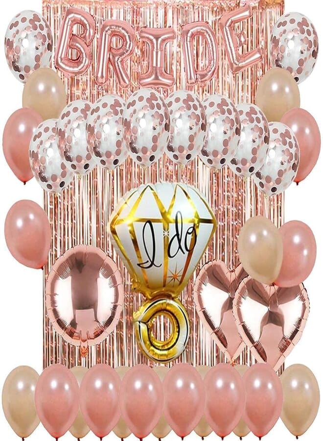 Secret Bride Party Decorations Kit Girl Decorations Party Supplies Rose Gold Foil Fringe Curtain,Latex Balloons,Confetti Balloons ,Bride and Ring Heart Round Mylar Balloons