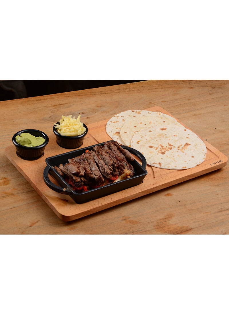 Casting Rectangular Handled Plate and Wooden Base. Size 12X15CM. (Sauce Cups Are Not Included in This Product)