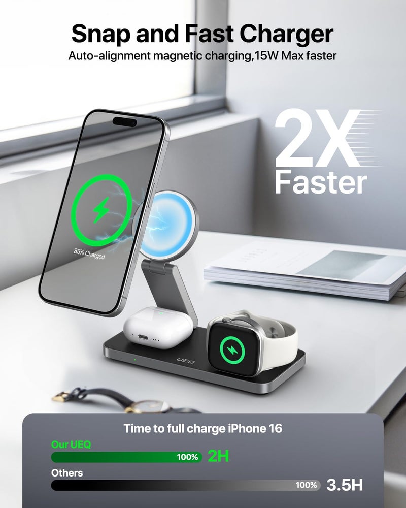 UEQ Foldable 3 in 1 Wireless Charging Station for Apple Compatible with Magsafe Charger Stand,Magnetic Wireless Charger Station for iPhone 17 Air16 15 14 13 12 Series,Airpods Pro,Apple Watch(Black) - Image 2