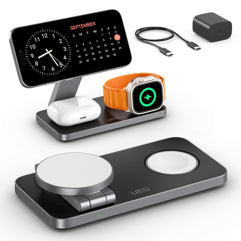 UEQ Foldable 3 in 1 Wireless Charging Station for Apple Compatible with Magsafe Charger Stand,Magnetic Wireless Charger Station for iPhone 17 Air16 15 14 13 12 Series,Airpods Pro,Apple Watch(Black) - Image 1