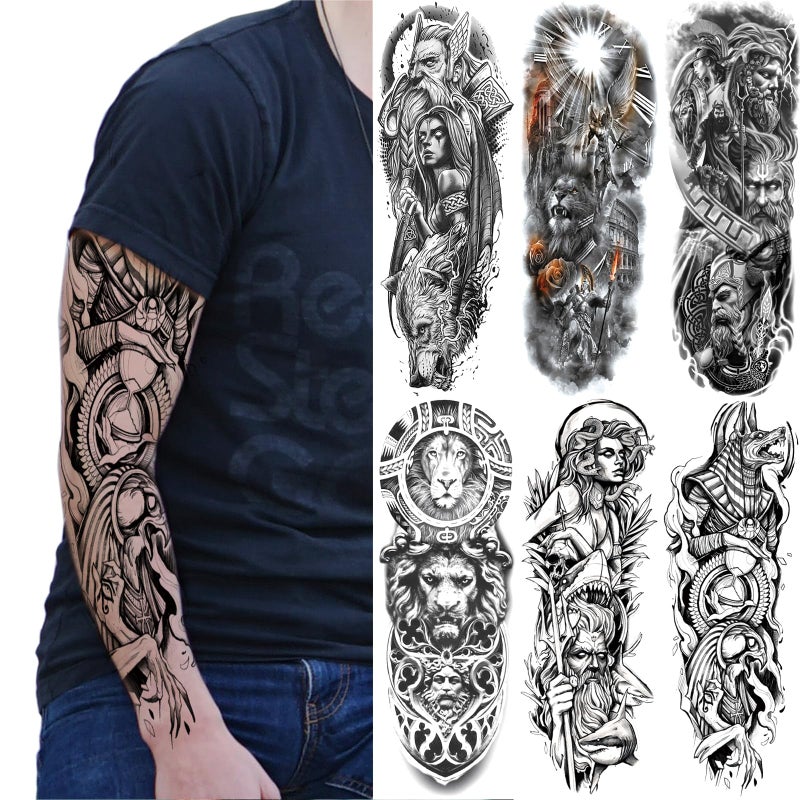 Realistic Greek Poseidon Temporary Tattoo Sleeves For Men Full Arm Large Myth Ancient Warrior Lion Fake Sleeve Tattoo Adult Women Black 3D Gladiator Wolf Temp Tatoo Sticker Leg Body Makeup 6Sheet