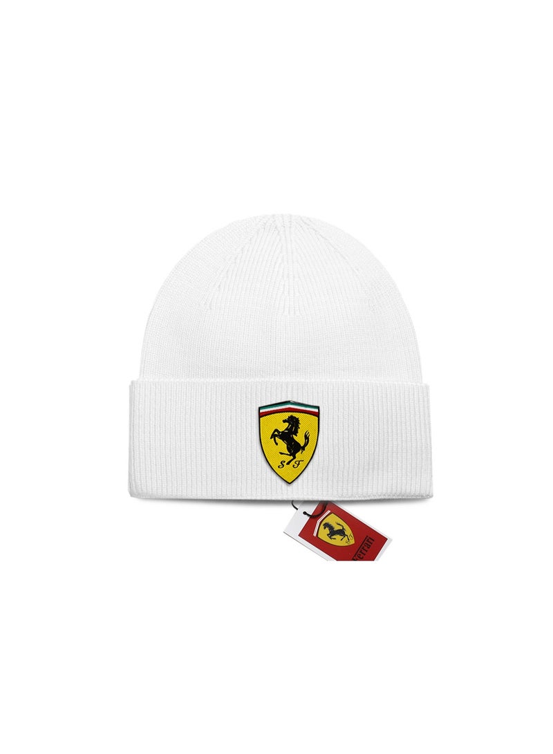 Ferrari SPTWR Unisex White Knit Beanie with Scuderia Ferrari Shield Logo