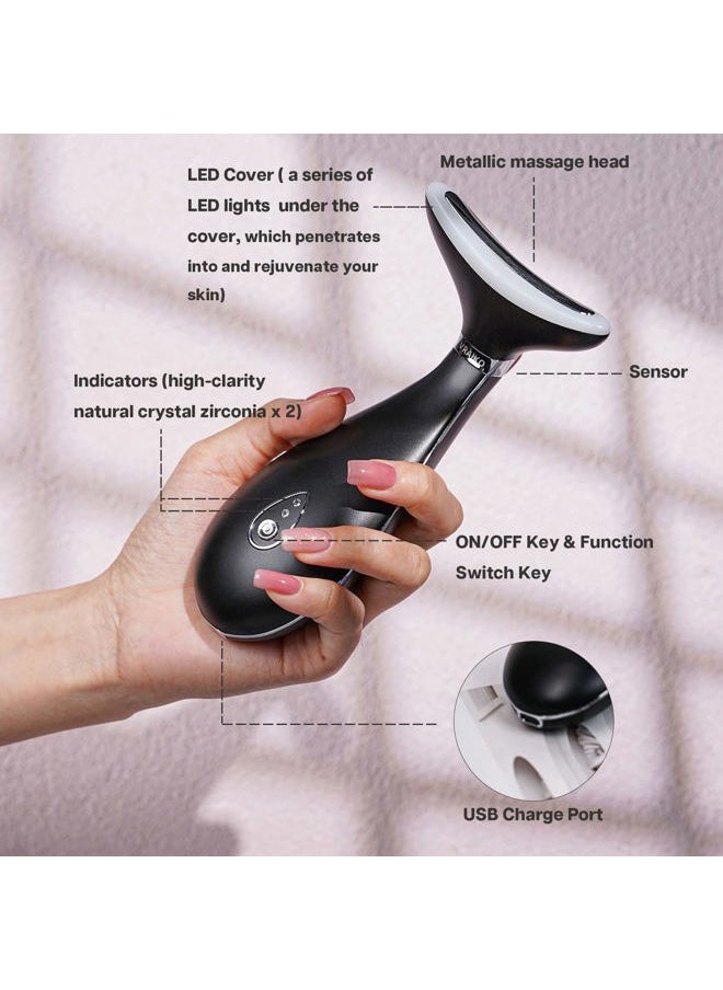 Lily Neck Face Massager, Face Sculpting Tool, Skin Rejuvenation Device with Thermal, Triple Action LED and Vibration, for Anti-Aging, Lifting and Tightening Sagging Skin (Frosted Black)