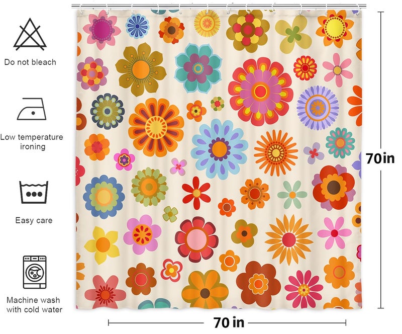 DeeCabin Retro Flower Shower Curtain, Groovy Vintage Hippie Funky 70s Sun Flowers Shower Curtains for Bathroom Decor, Boho Colorful Floral Shower Curtain Set with 12 Hooks, 70X70IN Bath Decor - Image 5