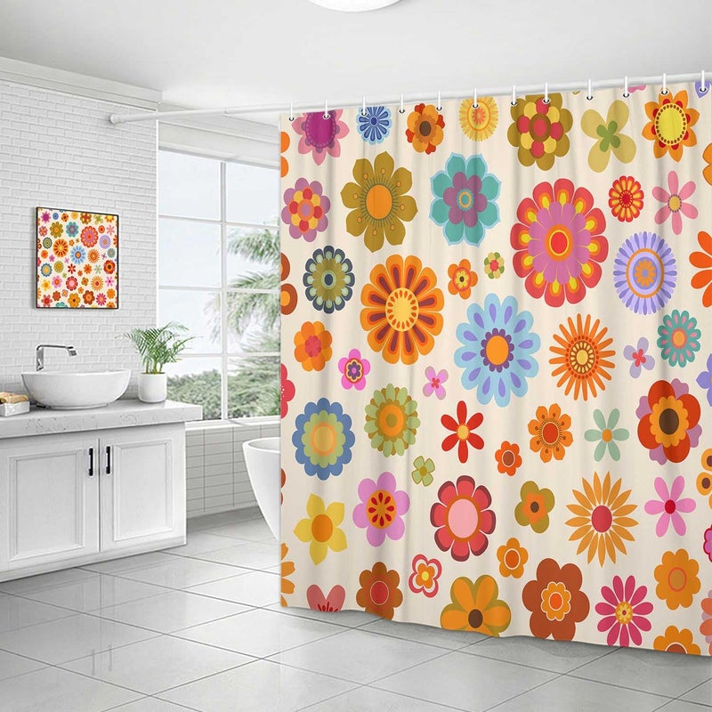 DeeCabin Retro Flower Shower Curtain, Groovy Vintage Hippie Funky 70s Sun Flowers Shower Curtains for Bathroom Decor, Boho Colorful Floral Shower Curtain Set with 12 Hooks, 70X70IN Bath Decor - Image 3