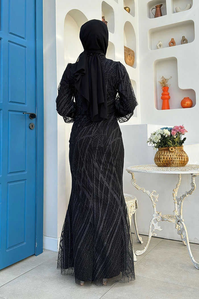 Bym Fashion Patterned Waist Belted Fish Evening Dress 1139 Black - Image 3