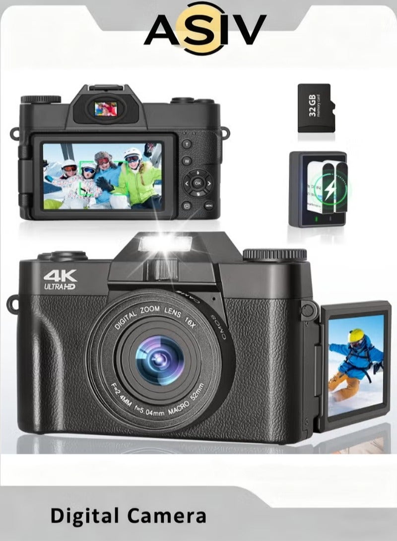 ASIV 4K digital camera - 56MP digital camera, 32G card autofocus, UHD video recording camera, 16X foldable screen autofocus, 4K compact camera - Image 1