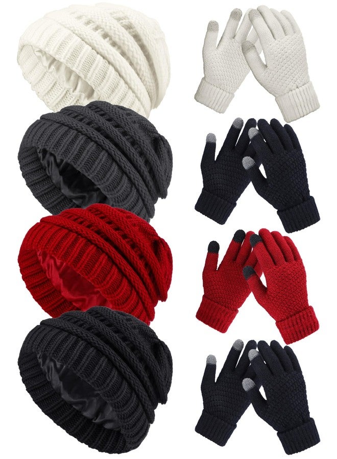 Jadive 4 Sets Knitted Beanie Hat & Glove Set for Women - Soft, Warm Touchscreen Gloves & Winter Hats - Image 1