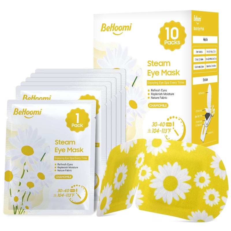 BeHoomi Steam Eye Mask 10 Packs Heated Eye Mask Self Heating Disposable SPA Warm Compress for Eyes Sleep Mask Soothing Moist Heat Eye Masks Travel Essentials  Relaxation Gifts Chamomile Scent 