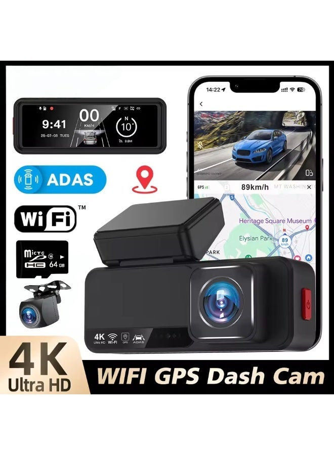 4K+2.5K Dash Cam Front and Rear,  64GB Card, Dual Dash Camera , ADAS,G-Sensor,HDR WDR,  GPS, WiFi , 24H Parking Mode, 3.2 Screen - Image 1
